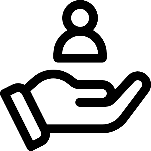 Ícone estilizado de uma mão segurando um perfil de pessoa, em preto e branco