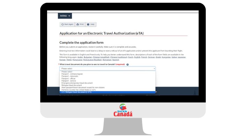 Qual documento de viagem você planeja usar para viajar para o Canadá?
