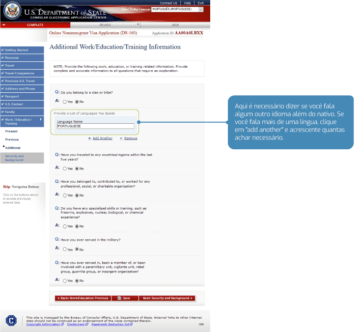 Preencha informações adicionais de trabalho no DS 160
 Preencha informações adicionais de trabalho no DS 160