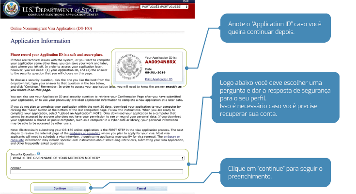 Página de aplicação do formulário DS 160
 Página de aplicação do formulário DS 160