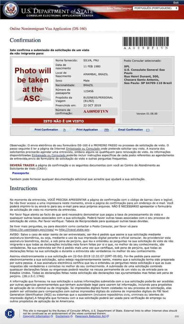 Imprima o formulário DS 160 para a entrevista
 Imprima o formulário DS 160 para a entrevista