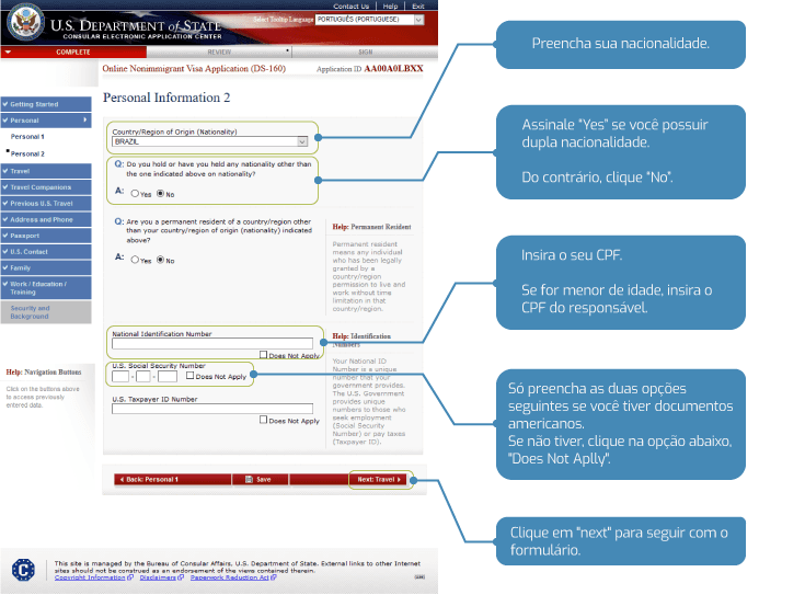 Página 2 dos dados pessoais do DS 160
 Página 2 dos dados pessoais do DS 160