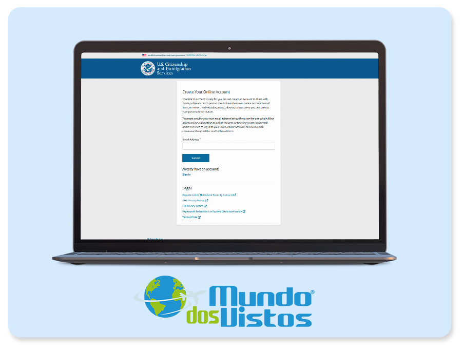 Criar conta no USCIS - Tela 1
