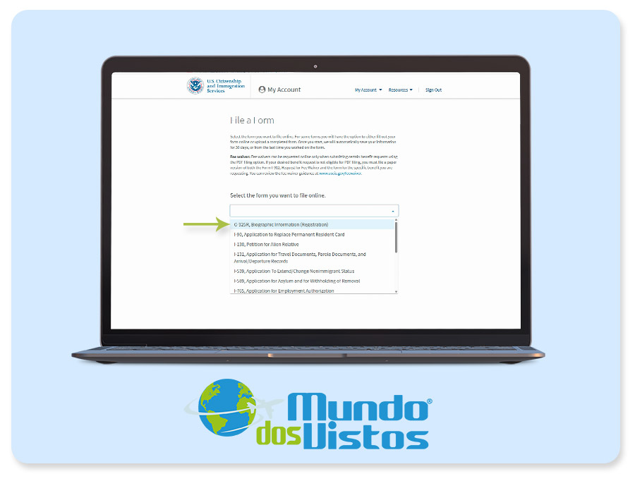 Criar conta no USCIS - Tela G-325R
